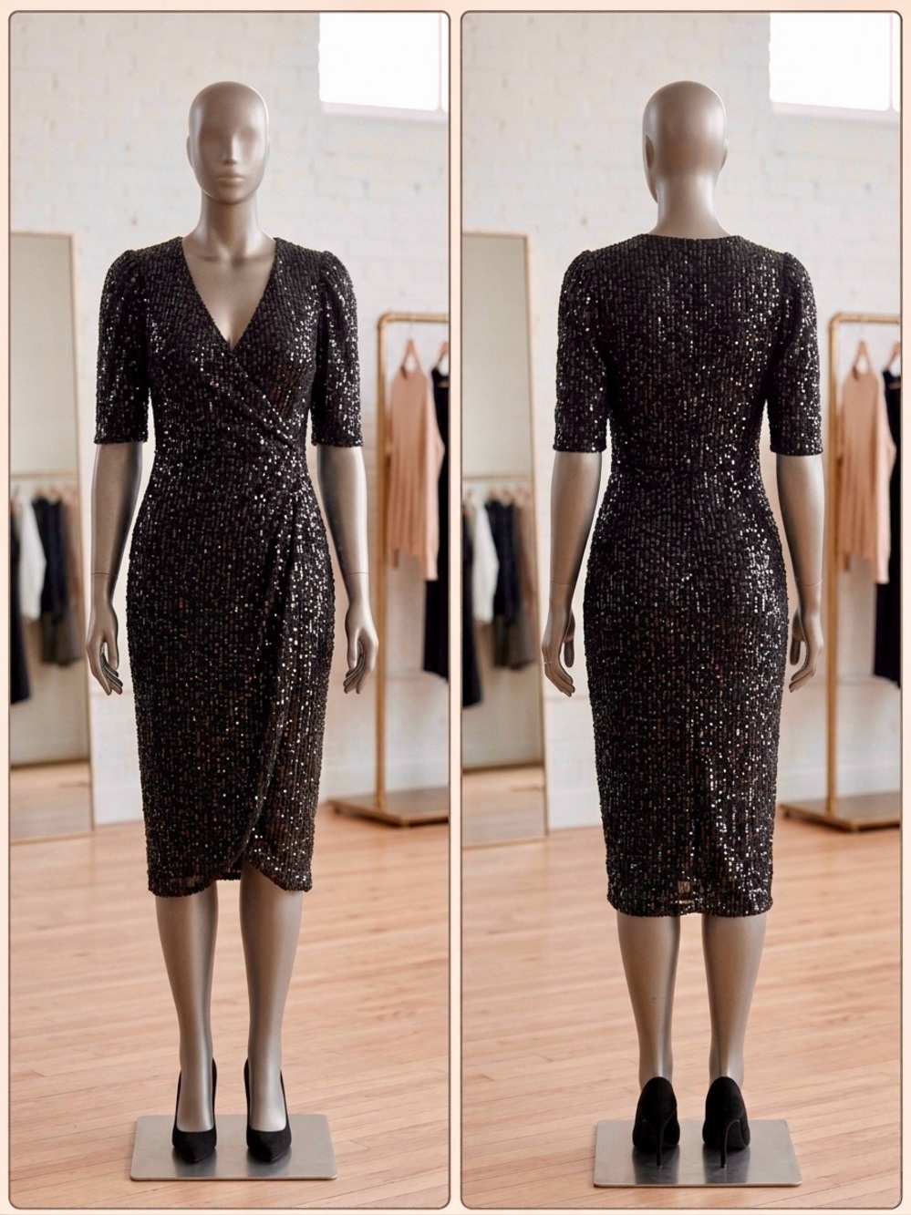 Black Sequin Wrap-Style Midi Dress